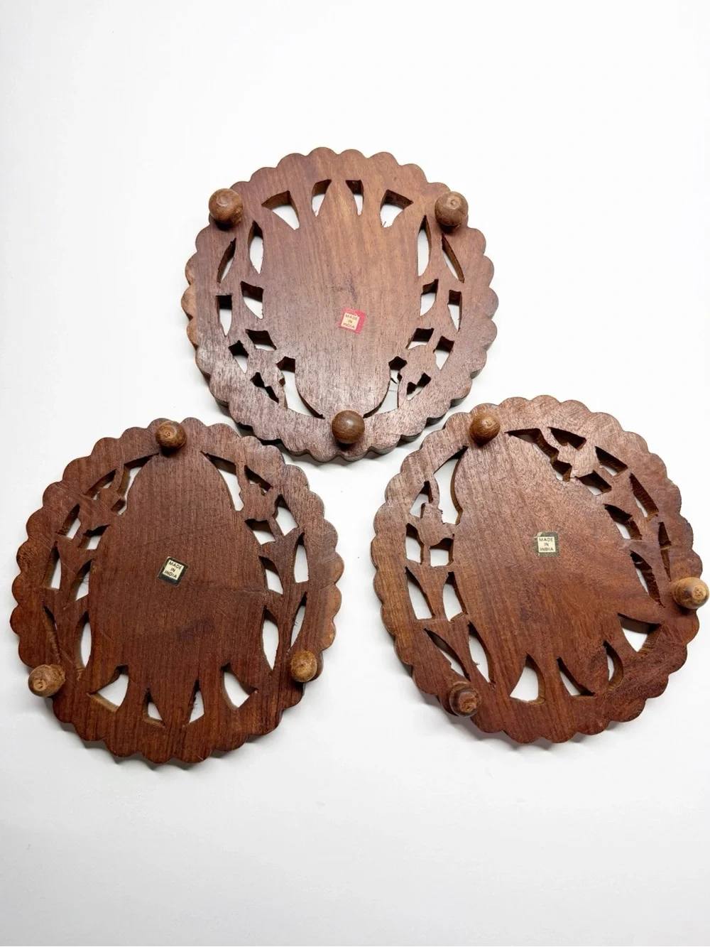 Vintage Hand Carved Wood Owl Trivets Coasters Set of 3